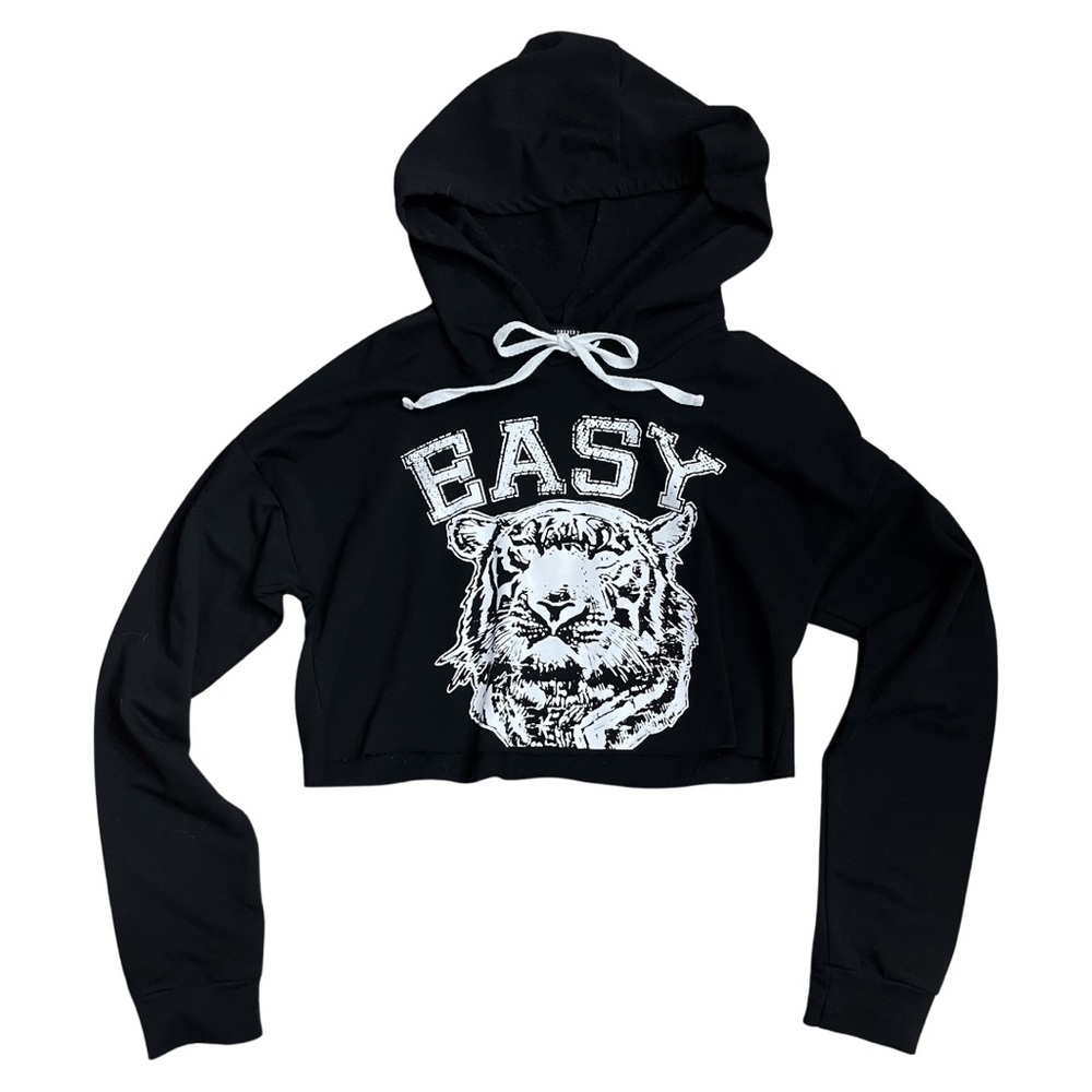 Forever 21 Easy Tiger Black Cropped Hoodie With White Graphic Print